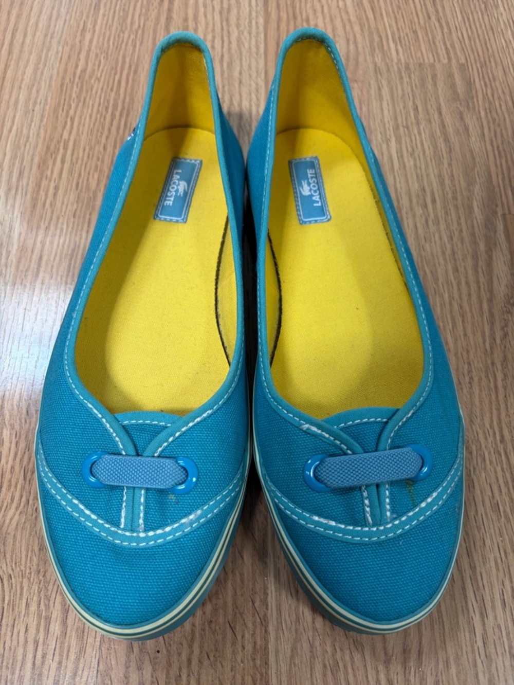 Lacoste Teal Canvas Slip-On Flats with Yellow Insoles